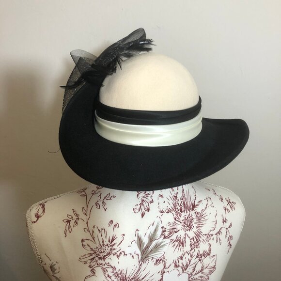 Vintage Mr. Charles Chapeau — Elegant Wide-Brim Hat with Feather & Netting